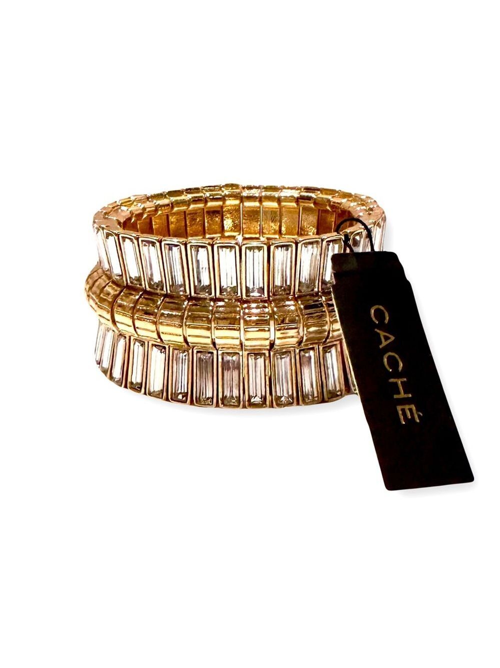 CACHE Golden Baguette Crystal Elastic Statement Bracelet NWT